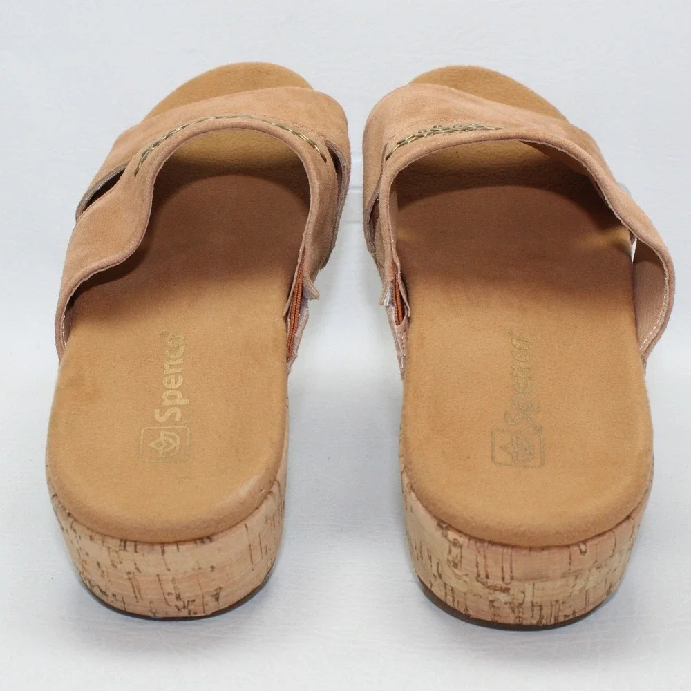 Spenco Womens Tan‎ Suede Studded Cork Wedge Orthotic Slide Sandals Size 7D